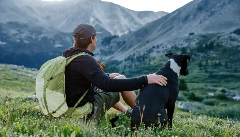 Mann mit deuter Rucksack und Hund sitzt auf Bergwiese.