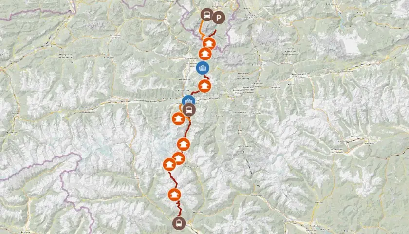Karte zeigt eine Route von Berchtesgaden nach Lienz mit Markierungen für Sehenswürdigkeiten und Verkehrsmittel.