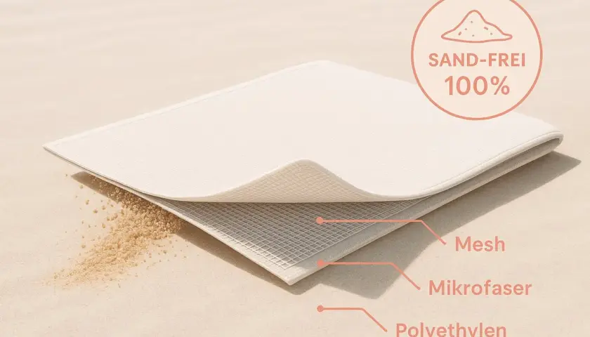 Sandabweisende Matte mit Mikrofaser-Schicht. Sand fällt durch das Mesh hindurch, was ist Mikrofaser? Ein Material, das Sand fernhält.
