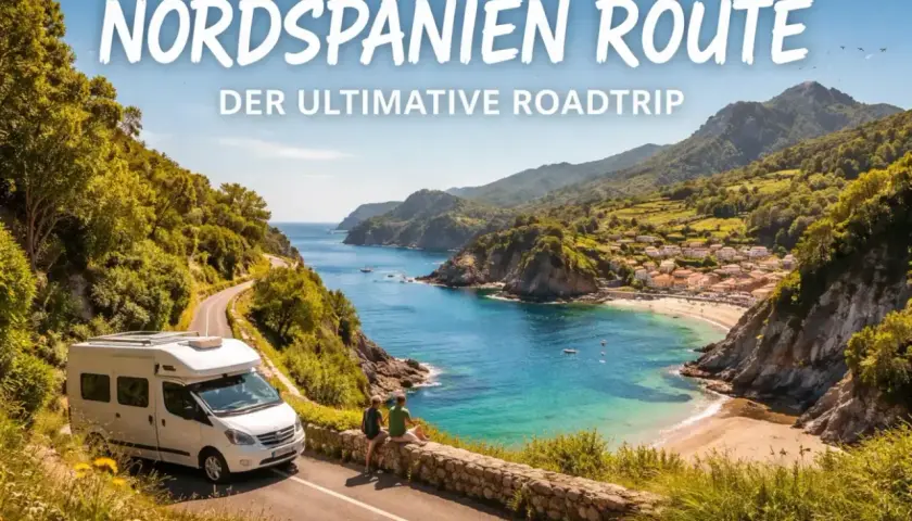 Wohnmobil-Roadtrip an der Küste Nordspaniens. Ein Paar genießt die Aussicht auf eine malerische Bucht, perfekt für nordspanien wandern.