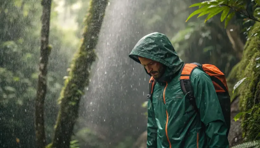 Mann im Regenwald, seine Polyamid-Jacke schützt ihn vor dem Nass. Trotz des Regens und der Anstrengung, nicht zu schwitzen, genießt er die Natur.