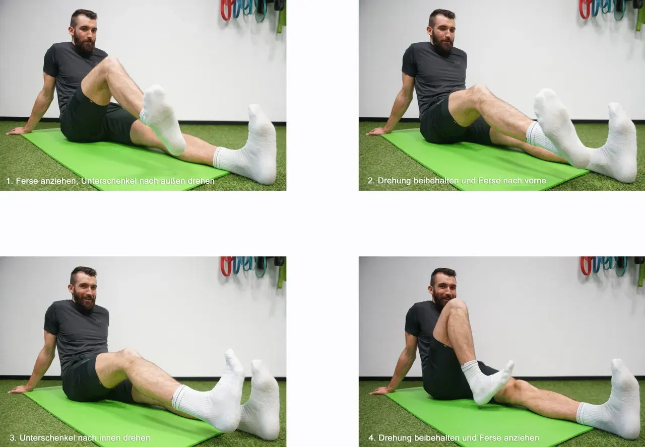Mann dehnt Knie Muskeln und Sehnen auf einer Matte. Übungen für Flexibilität und Mobilität.