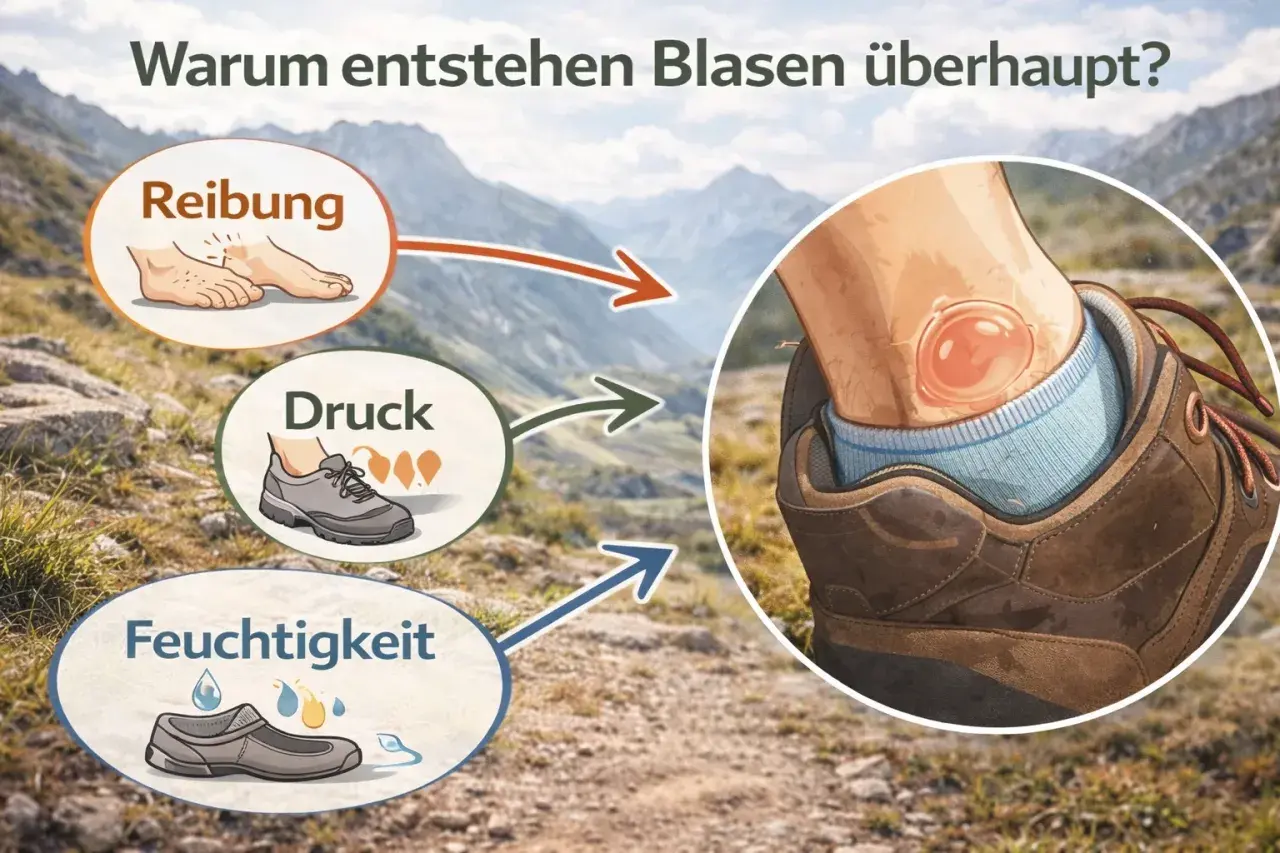 Illustration zeigt, wie Reibung, Druck und Feuchtigkeit zu Blasen am Fuß führen.