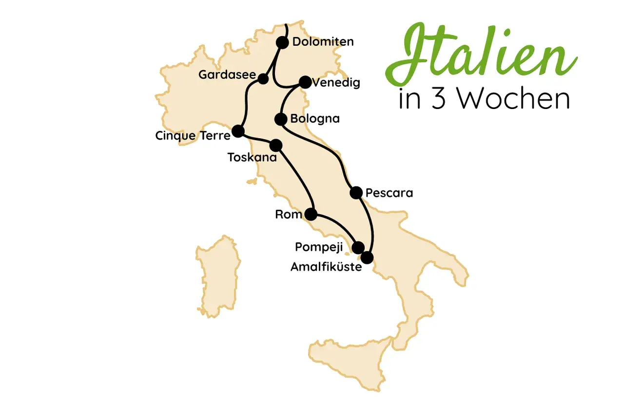 Karte von Italien mit markierten Fernwanderwegen: Dolomiten, Gardasee, Venedig, Bologna, Cinque Terre, Toskana, Rom, Pompeji, Amalfiküste.