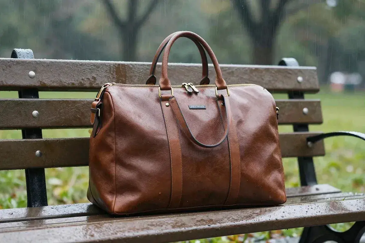 Braune Ledertasche auf einer nassen Parkbank im Regen. Das Leder ist wasserdicht und schützt den Inhalt.