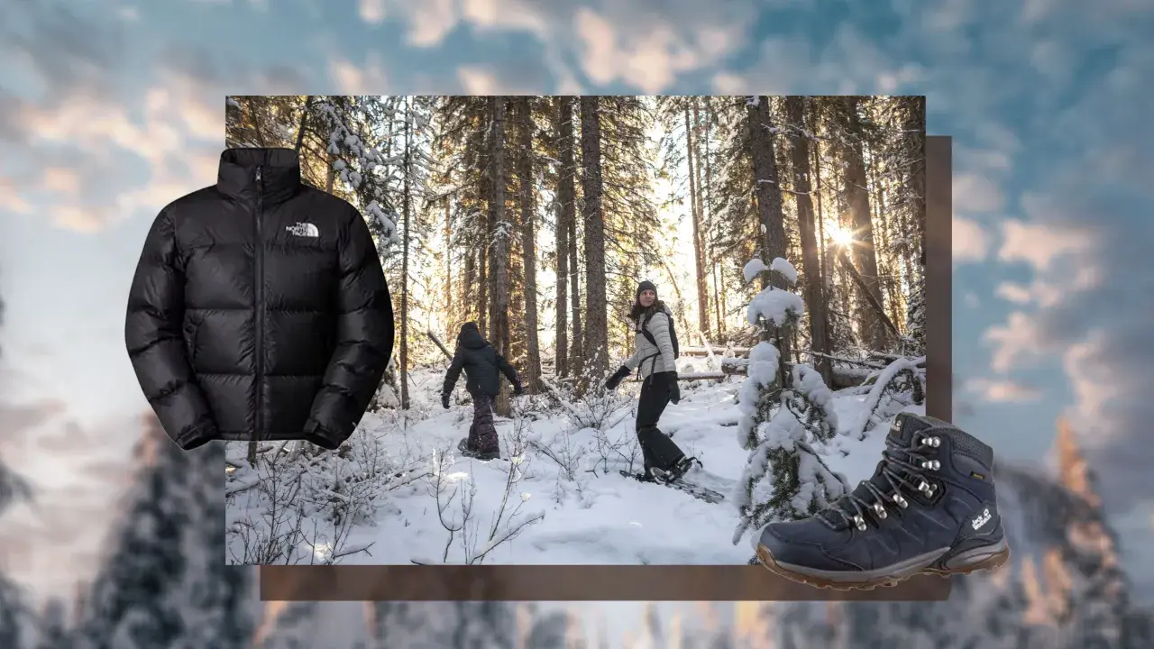 Schwarze Daunenjacke, Wanderstiefel und zwei Personen beim Schneeschuhwandern im Wald. Ideal für norwegische Outdoor-Marken.