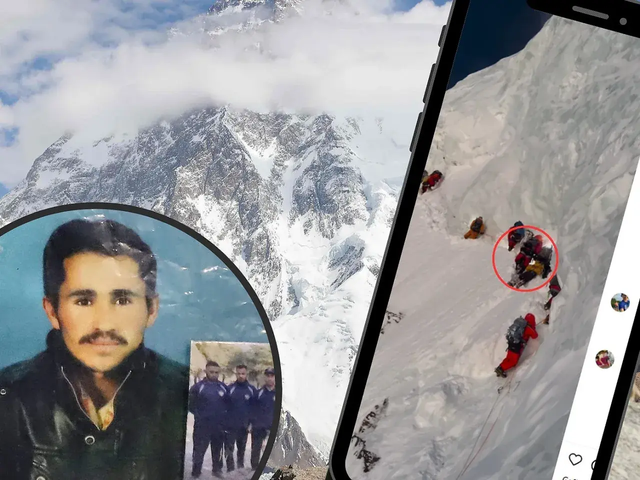 Mohammed Hassan, ein Held des K2, auf einem Foto vor schneebedeckten Bergen. Daneben eine Handyaufnahme von Bergsteigern am K2.