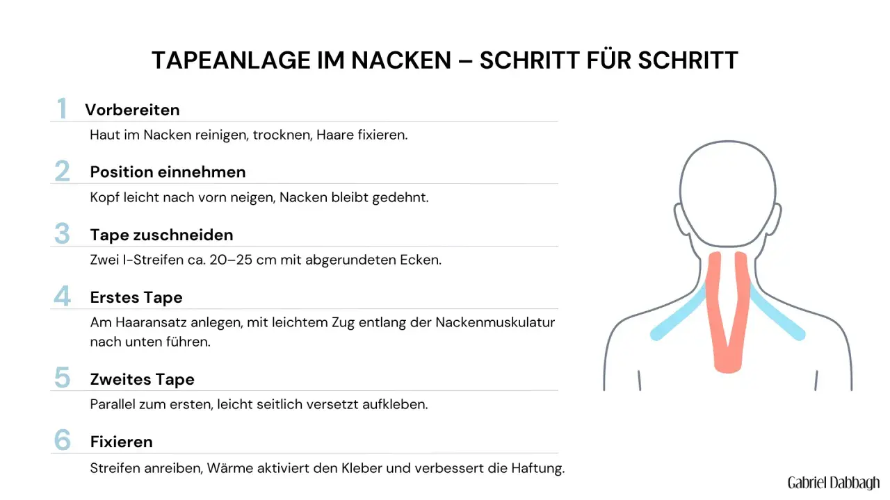 Anleitung zur Tapeanlage im Nacken: Haut vorbereiten, Position einnehmen, Tape zuschneiden und anlegen, dann fixieren.