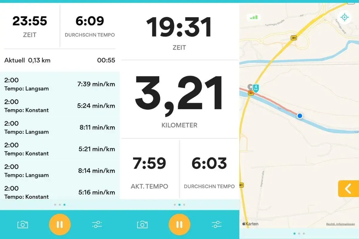 Die laufrouten app zeigt 3,21 km mit einer Durchschnittsgeschwindigkeit von 6:03 min/km. Die Karte zeigt die aktuelle Position.