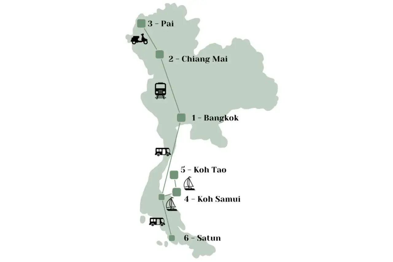 Reiseroute durch Thailand: Bangkok, Chiang Mai, Pai, Koh Samui, Koh Tao und Satun – ein Muss für jeden Thailand-Fan.