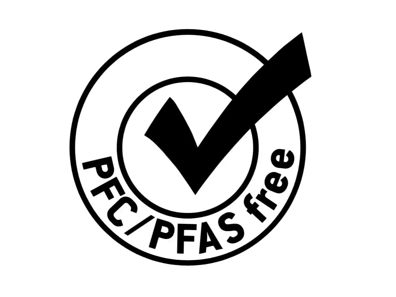 Kreis mit Häkchen und Text "PFC/PFAS free". Ein Zeichen für Produkte ohne schädliche Chemikalien.