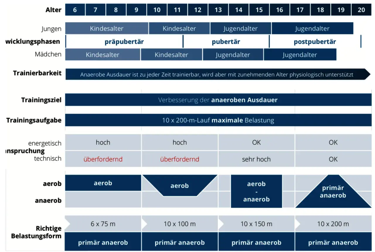 Tabelle zeigt, wie anaerobes Training altersabhängig angepasst wird, von Kindesalter bis Jugendalter, mit Fokus auf anaerobe Ausdauer.
