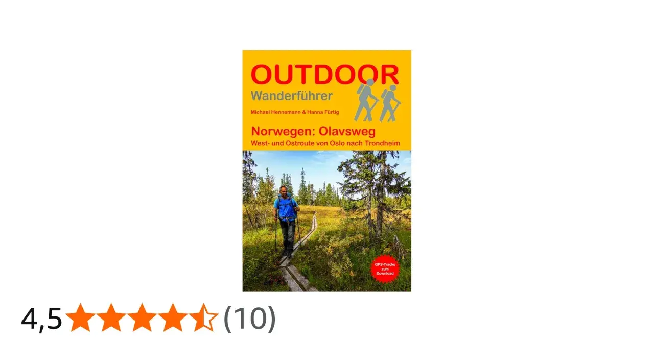 Wanderführer für den Olavsweg in Norwegen, mit einer Person auf einem Holzsteg in der Natur.
