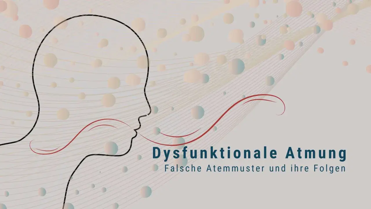 Abstrakte Darstellung einer menschlichen Silhouette, die atmet. Text: Dysfunktionale Atmung - Falsche Atemuster und ihre Folgen. Mögliche falsche Atmung Symptome werden hier thematisiert.