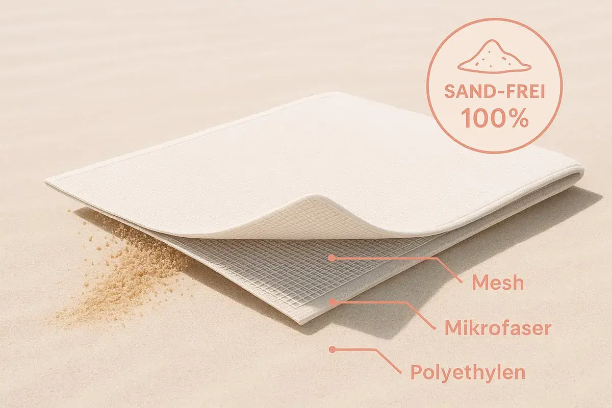 Sandabweisende Matte mit Mikrofaser-Schicht. Sand fällt durch das Mesh hindurch, was ist Mikrofaser? Ein Material, das Sand fernhält.