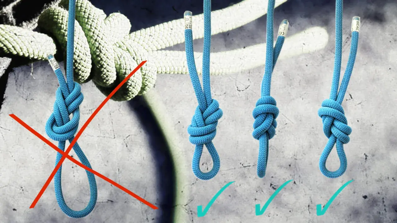 Der falsche Knoten am Seil ist durchgestrichen. Drei korrekte Knoten am Seil sind mit Häkchen markiert.