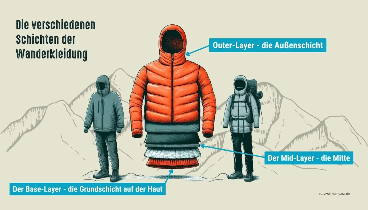 Illustration zeigt das ideale **Wandern outfit** mit Base-, Mid- und Outer-Layer. Perfekt für jedes Wetter!