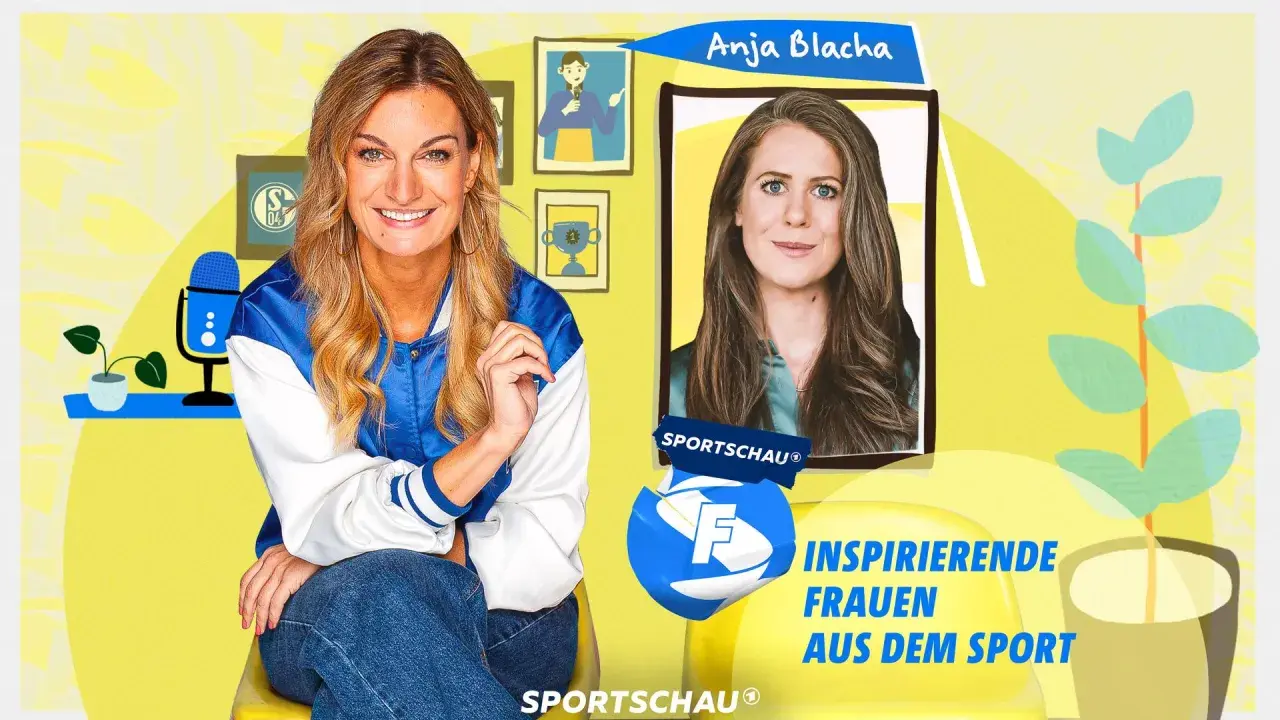 Anja Blacha im Gespräch mit inspirierenden Frauen aus dem Sport. Links eine Moderatorin, rechts ein Porträt von Anja Blacha.