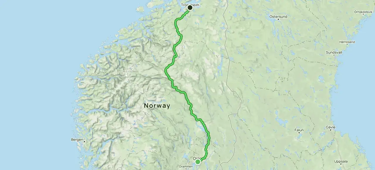 Karte zeigt die Olavsweg Etappen von Trondheim nach Oslo, durch Norwegen.
