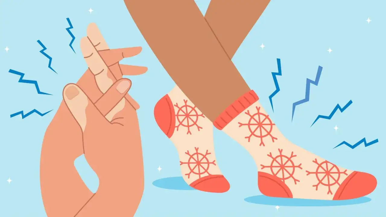 H&auml;nde reiben sich, um sich aufzuw&auml;rmen, w&auml;hrend F&uuml;&szlig;e in Schneeflocken-Socken stark frieren. Blaue Blitzsymbole deuten auf K&auml;lte hin.
