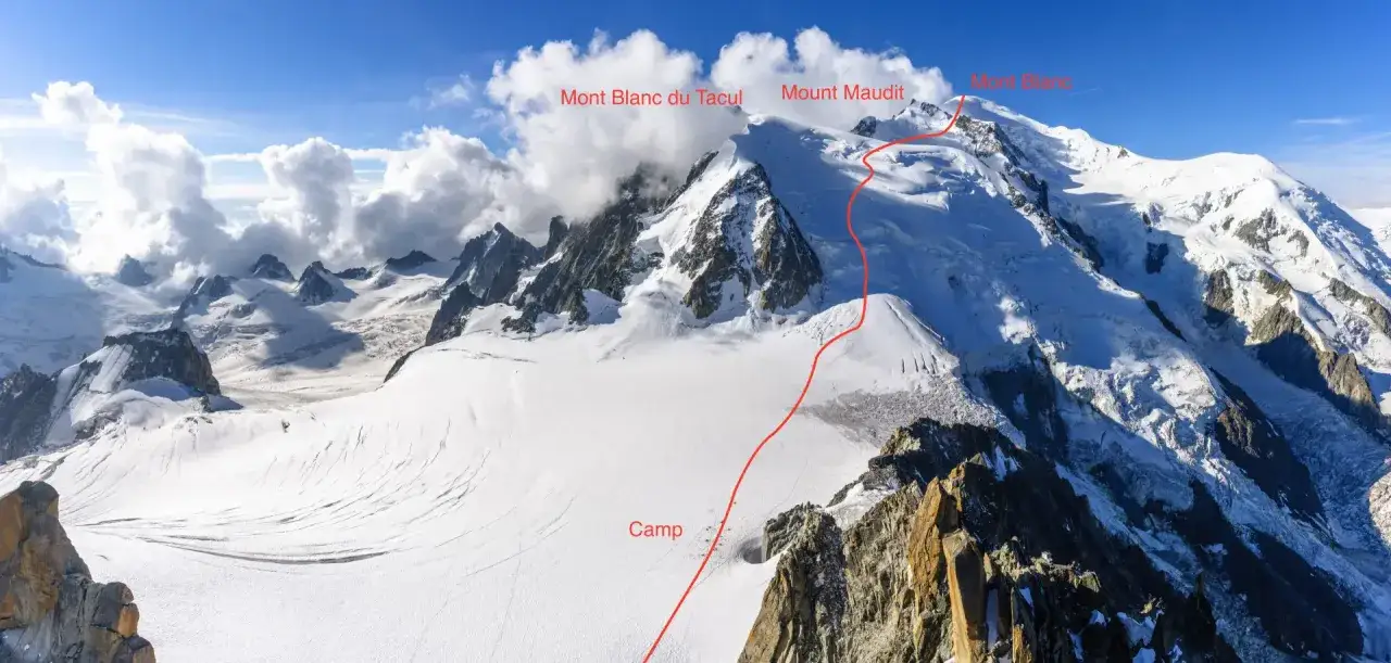 Der Mont Blanc mit markierter Route und Lagerplatz. Ein majestätischer Anblick der Alpen.