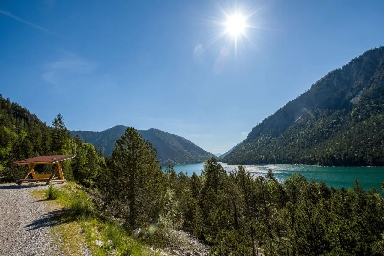 Ein sonniger Tag l&auml;dt zum Plansee Wandern ein. Ein Rastplatz mit Holzdach steht am Wegrand, umgeben von Nadelb&auml;umen und mit Blick auf den t&uuml;rkisfarbenen See und die Berge.