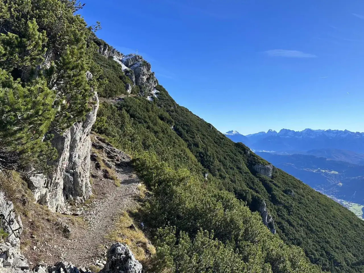 Steiler Pfad auf der Kramerspitz Wanderung, ges&auml;umt von Felsen und Latschenkiefern. Im Hintergrund ein Gipfelkreuz und die Alpen.