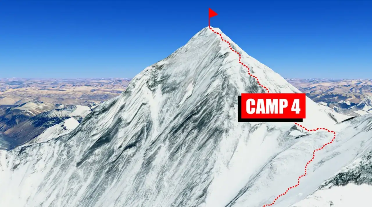 Der Mount Everest mit markiertem Weg und dem Schild 
