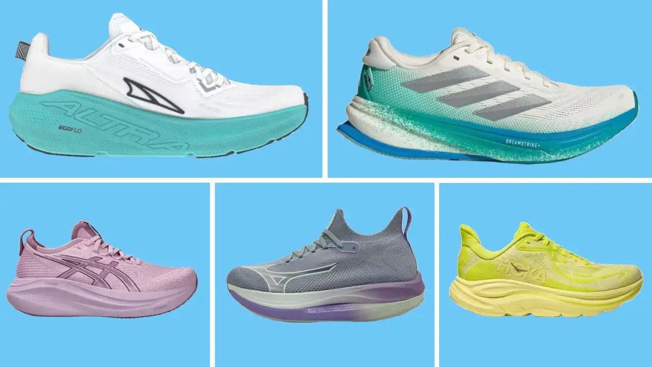 F&uuml;nf bunte Laufschuhe im on cloud schuhe test: wei&szlig;-t&uuml;rkis, wei&szlig;-gr&uuml;n, rosa, grau-lila und gelb.