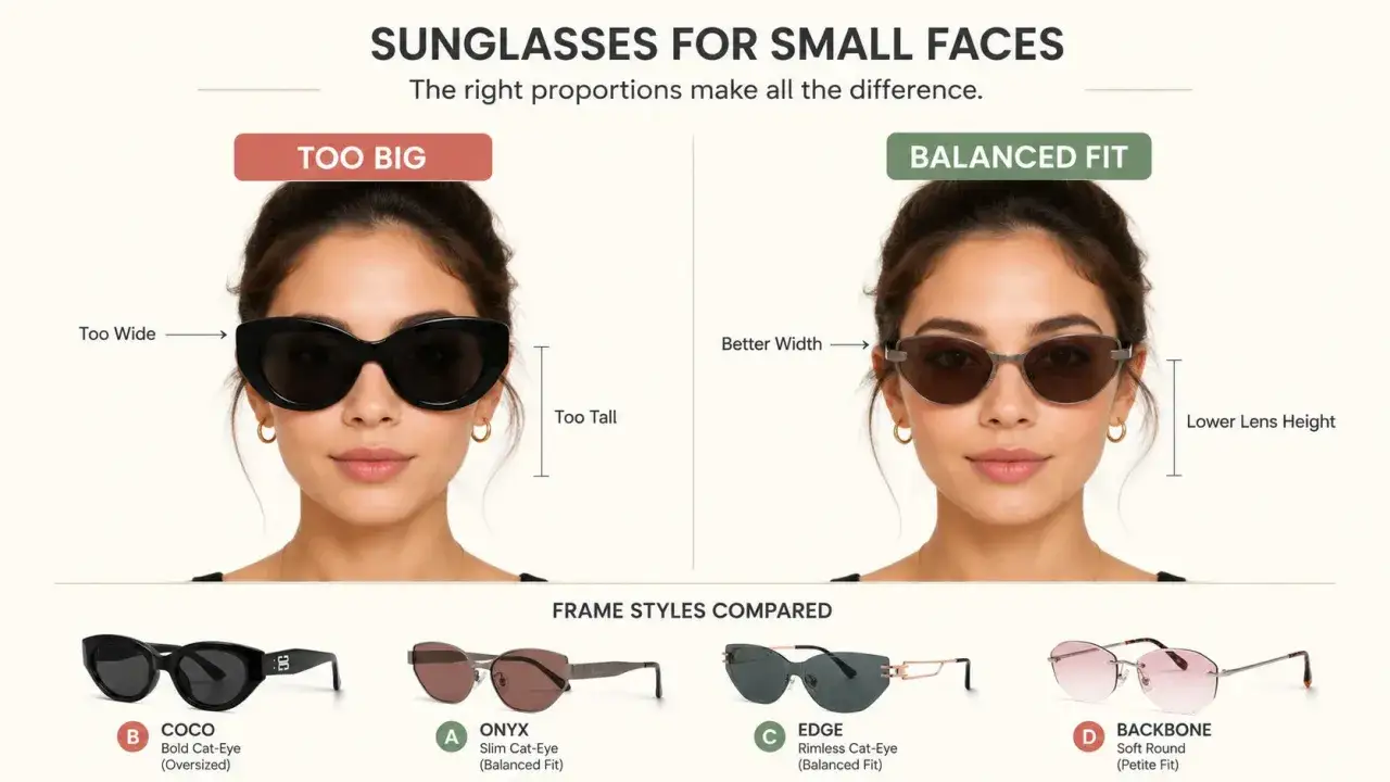 Sonnenbrillen-Test: Links zu gro&szlig;e, rechts passende Modelle f&uuml;r kleine Gesichter. Unten vier verschiedene Rahmenstile im Vergleich.