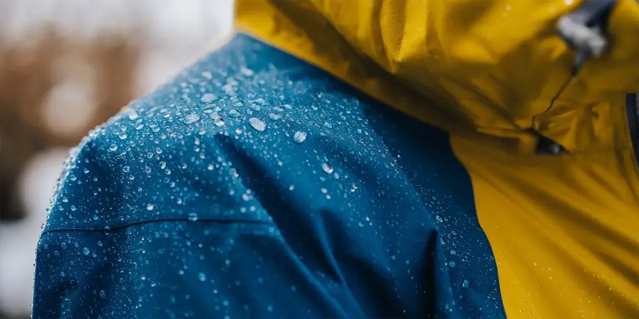 Wassertropfen perlen von der blauen und gelben Jacke ab. Die innovative Beschichtung ist PFAS frei und h&auml;lt dich trocken.