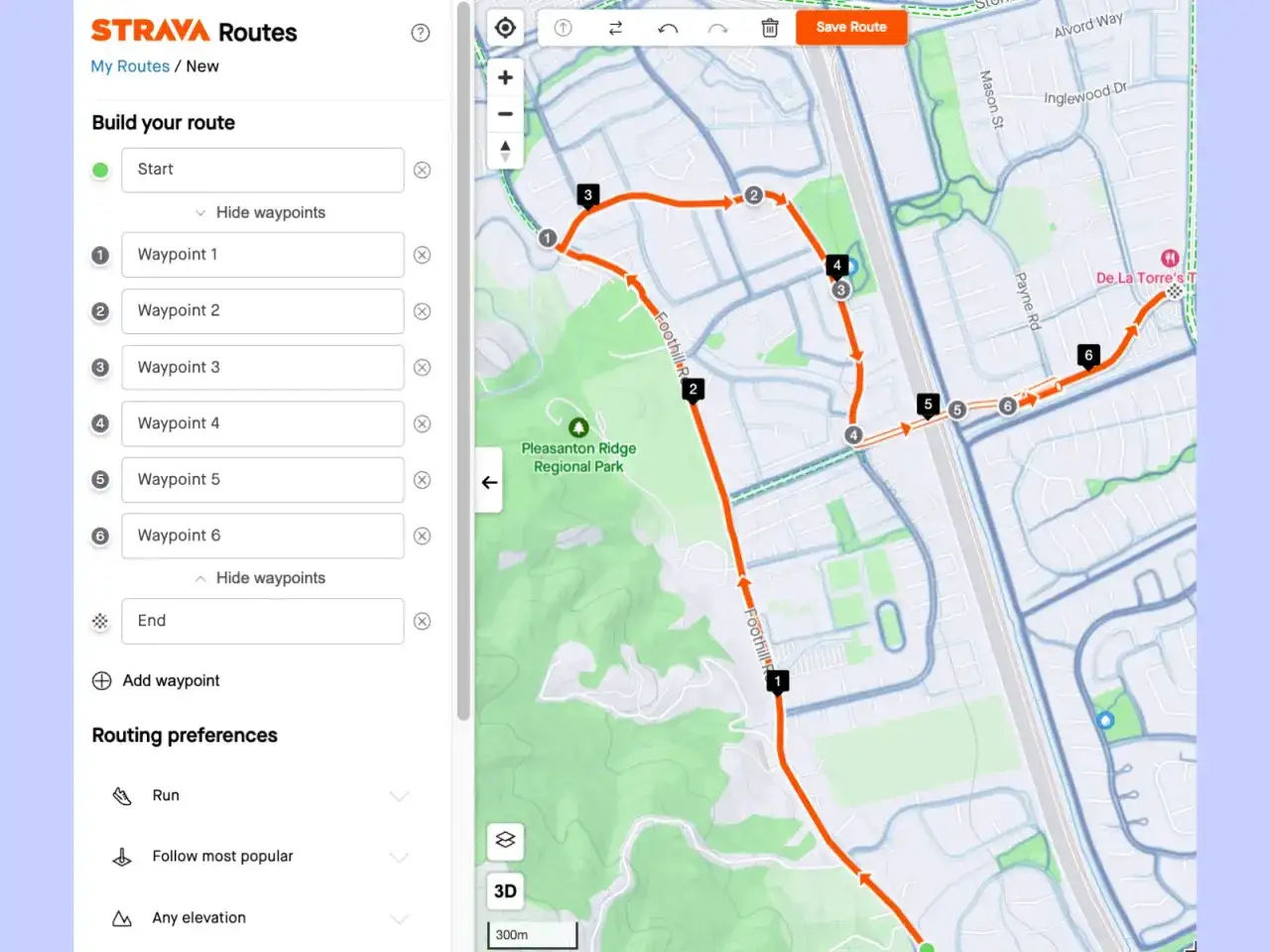 Aufbau einer Laufrouten-App: Startpunkt, Wegpunkte und Routenpr&auml;ferenzen werden auf einer Karte angezeigt.