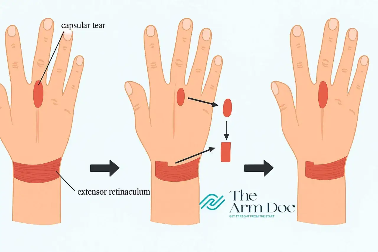 Illustration zeigt einen Riss in der Gelenkkapsel eines Fingers, der durch eine Operation behoben wird. Der Riss wird repariert, um die Funktion des Fingers wiederherzustellen.