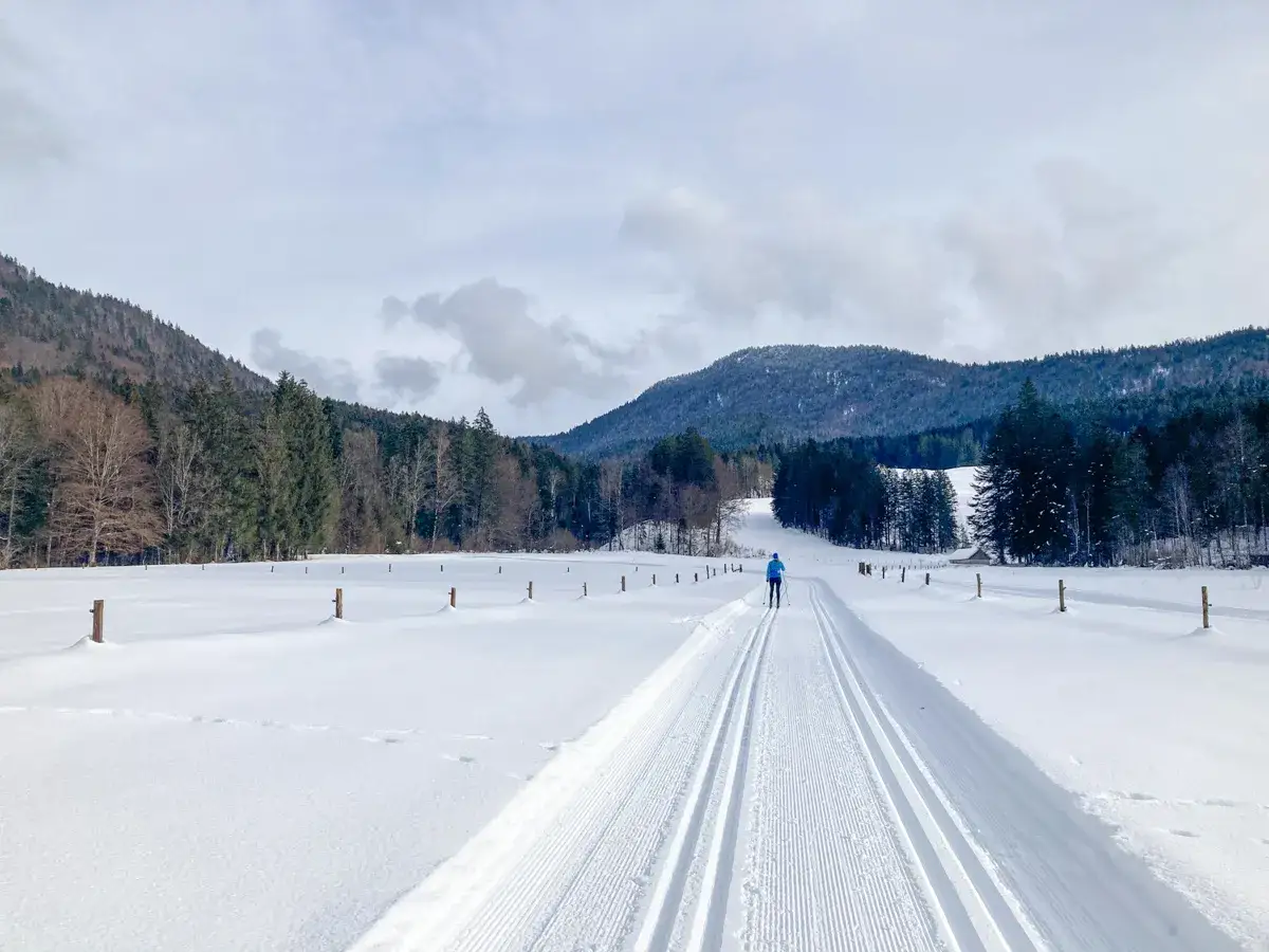 Langlauf-Spa&szlig; auf den Loipen Bayerns. Eine Person gleitet auf gespurter Loipe durch eine verschneite Winterlandschaft mit W&auml;ldern und Bergen.