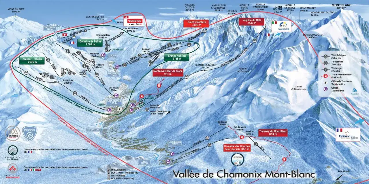 Wo ist der Mont Blanc? Auf dieser Karte der Vall&eacute;e de Chamonix Mont-Blanc siehst du den h&ouml;chsten Gipfel Europas, den Mont Blanc (4810 m), majest&auml;tisch aufragend.