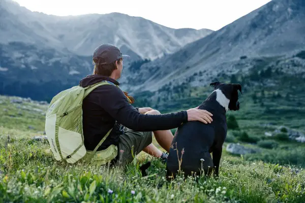 Mann mit deuter Rucksack und Hund sitzt auf Bergwiese.