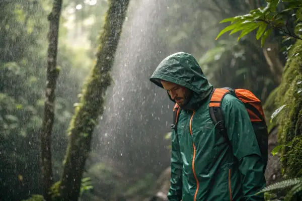 Mann im Regenwald, seine Polyamid-Jacke schützt ihn vor dem Nass. Trotz des Regens und der Anstrengung, nicht zu schwitzen, genießt er die Natur.